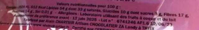 Chocolat noir nutrition facts table