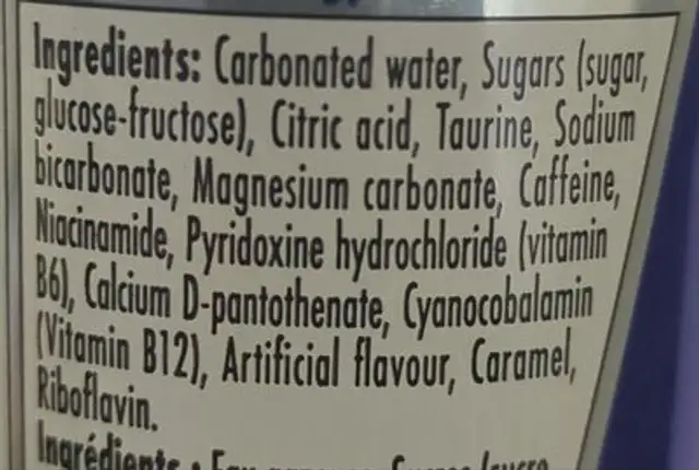 Energy Drink ingredients label
