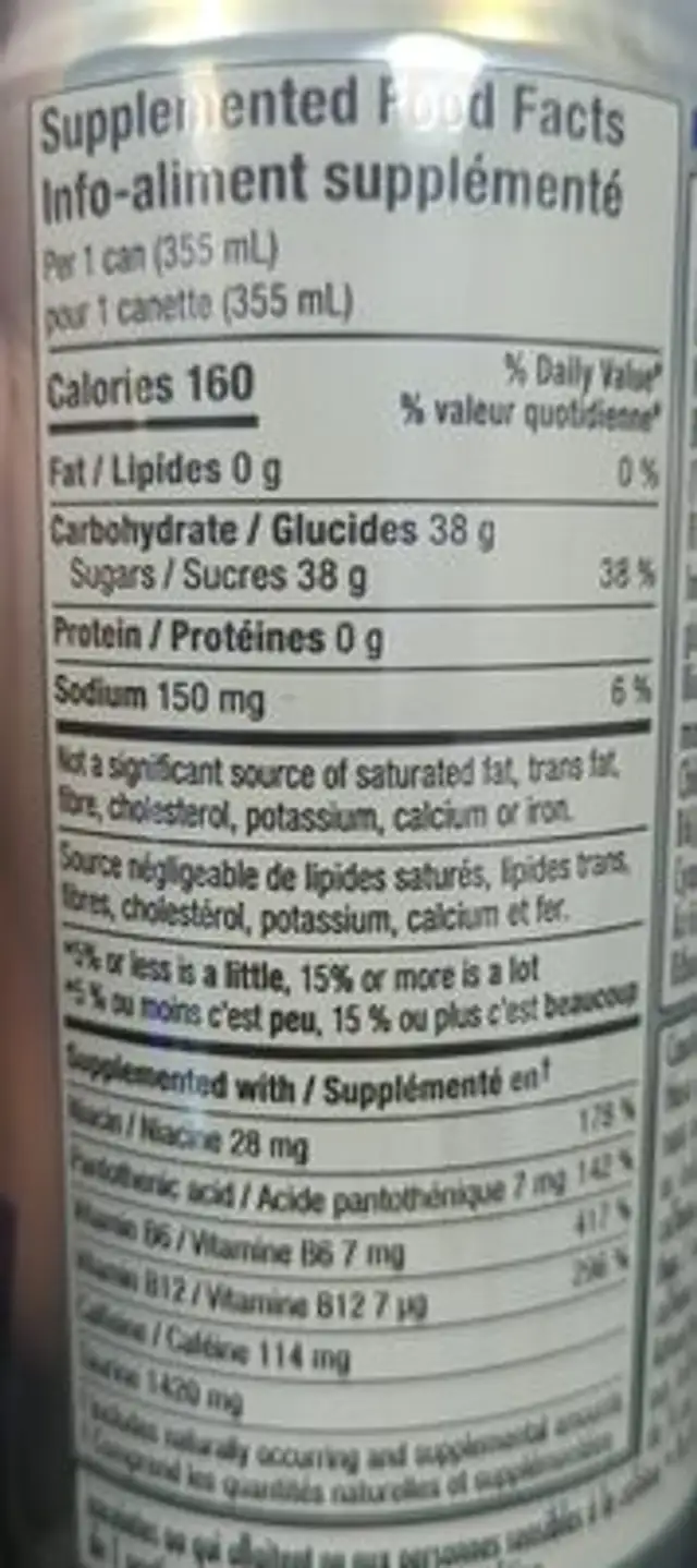 Energy Drink nutrition facts table