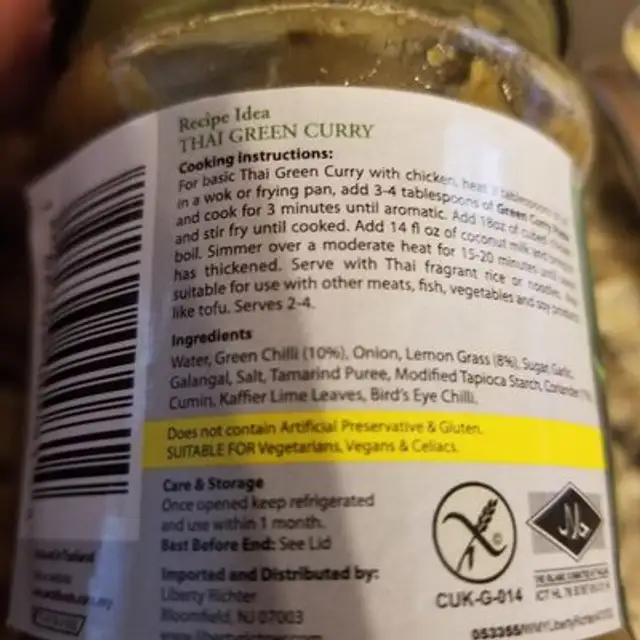Thai Green Curry Paste ingredients label