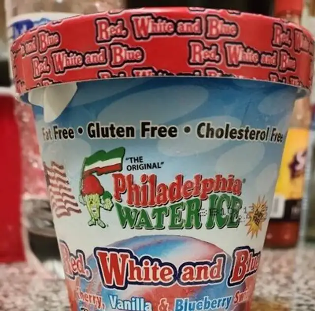 Red, white and blue Italian ice front packaging