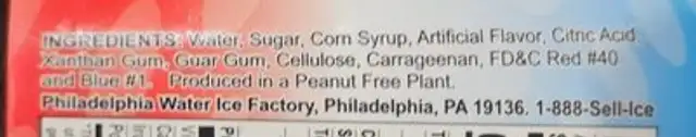 Red, white and blue Italian ice ingredients label