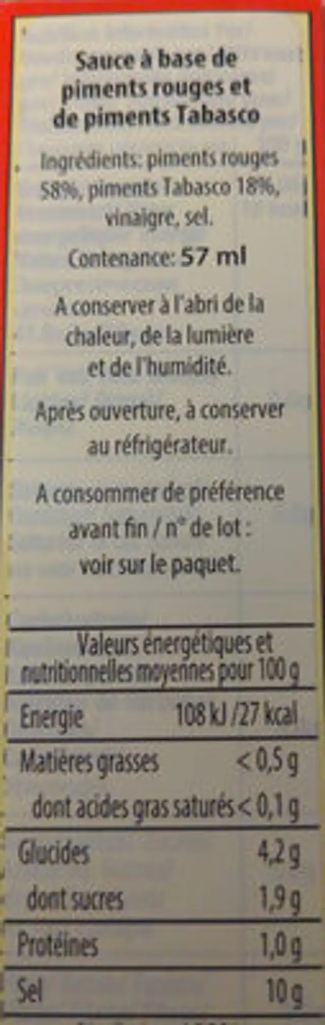 Tabasco pepper sauce nutrition facts table