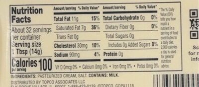 Sweet Cream Butter Salted nutrition facts table