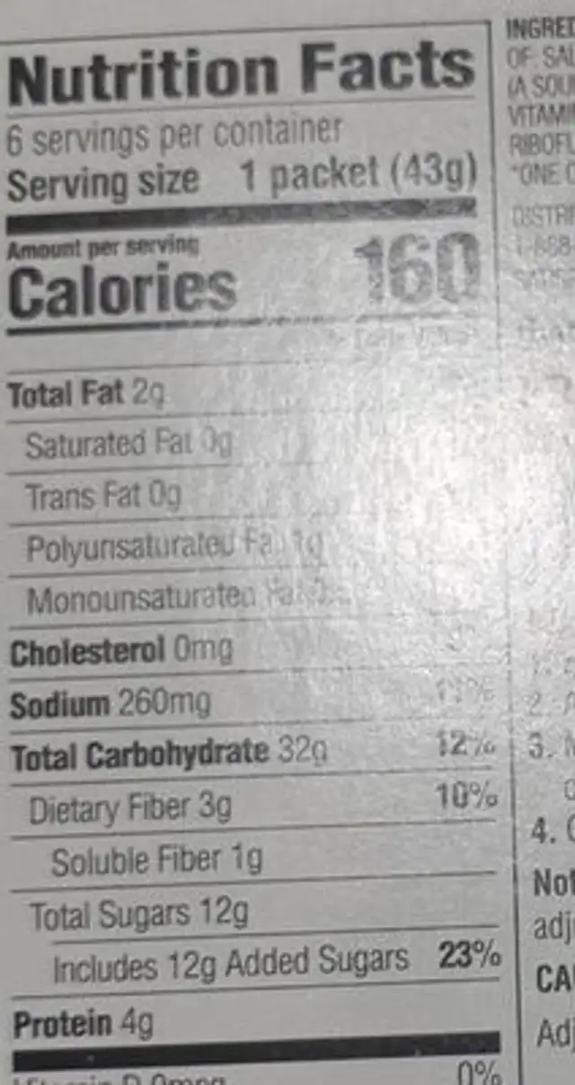 Maple and brown sugar nutrition facts table