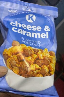 Cheese and caramel flavored popcorn front packaging