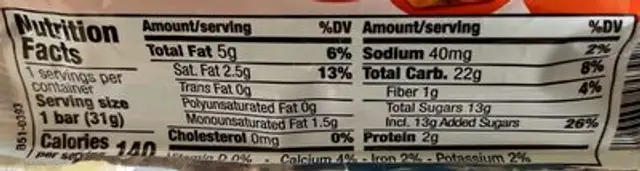 Kirkland Signature Dipped & Chewy Granola Bar Caramel nutrition facts table