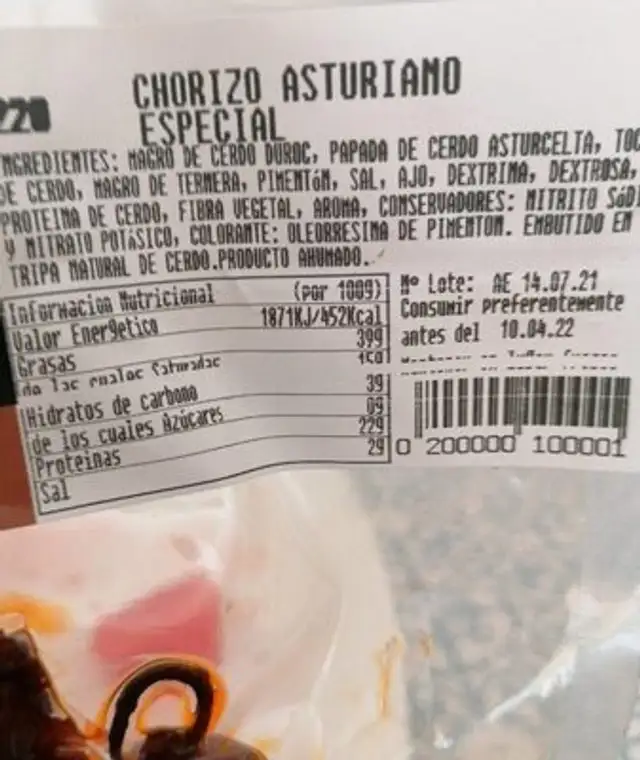 Chorizo asturiano especial nutrition facts table