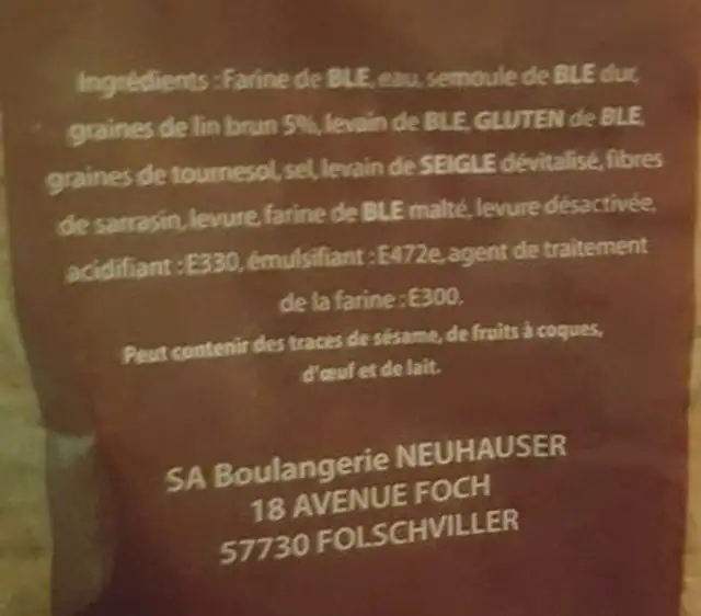 Pain aux 2 lins ingredients label
