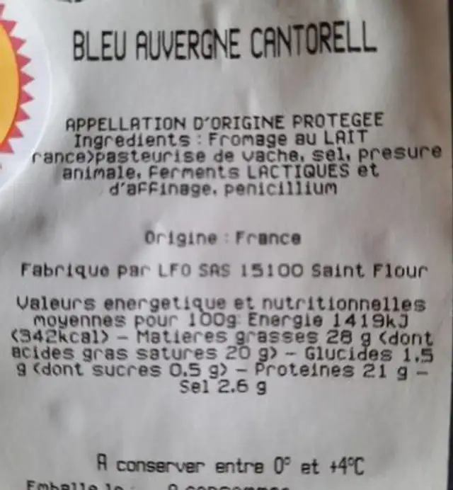Bleu Auvergne Cantorell nutrition facts table