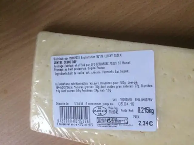 Cantal jeune Aop ingredients label