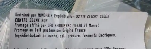 Cantal ingredients label