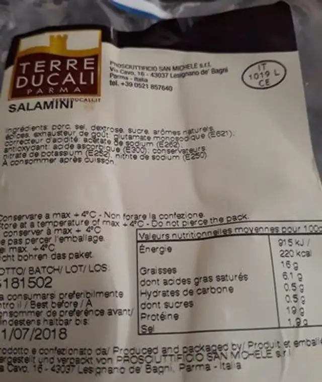 Salamini ingredients label