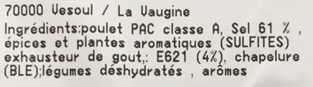 Poulet rôti ingredients label