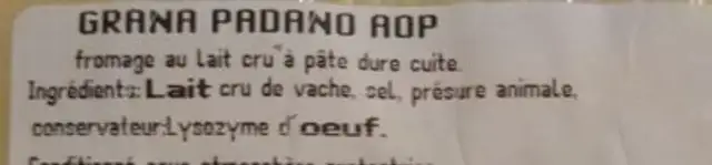 Grana Padano ingredients label