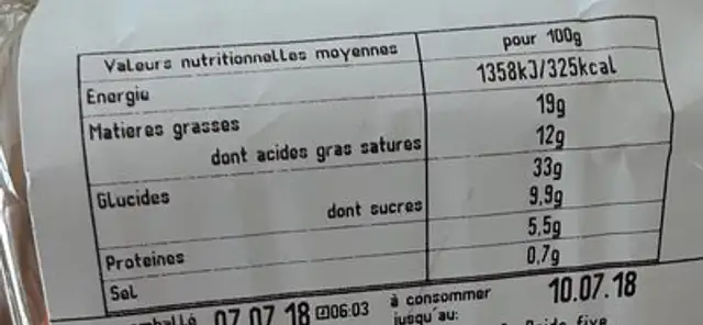 Pains choc 3meunier pur beurre X10 nutrition facts table