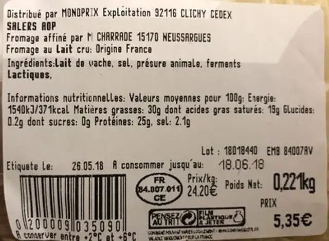 Salers ingredients label