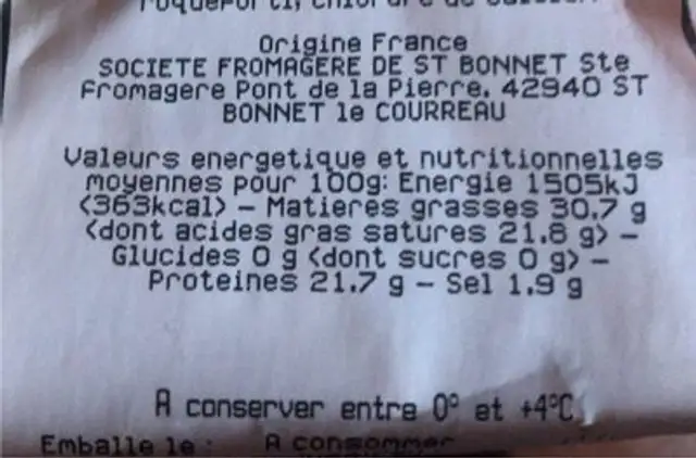 Fourme de montbrison nutrition facts table