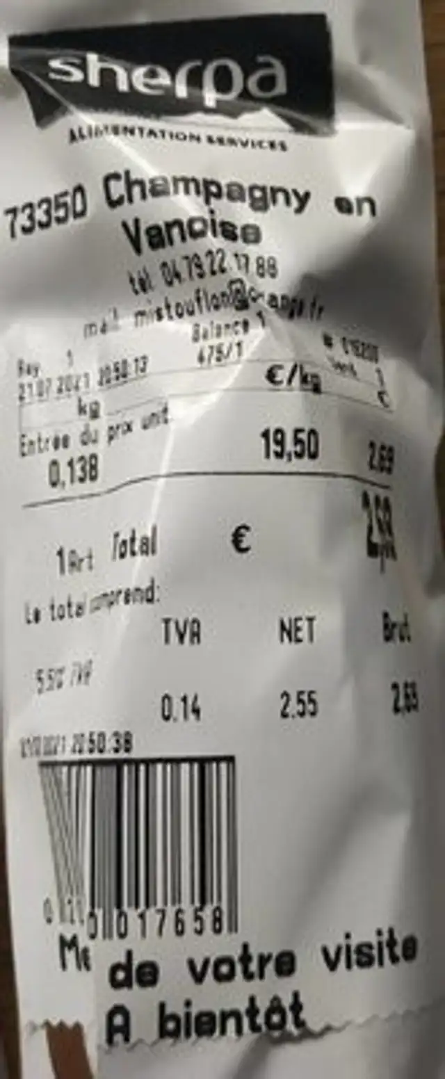 Jambon Champagny en Vanoise nutrition facts table