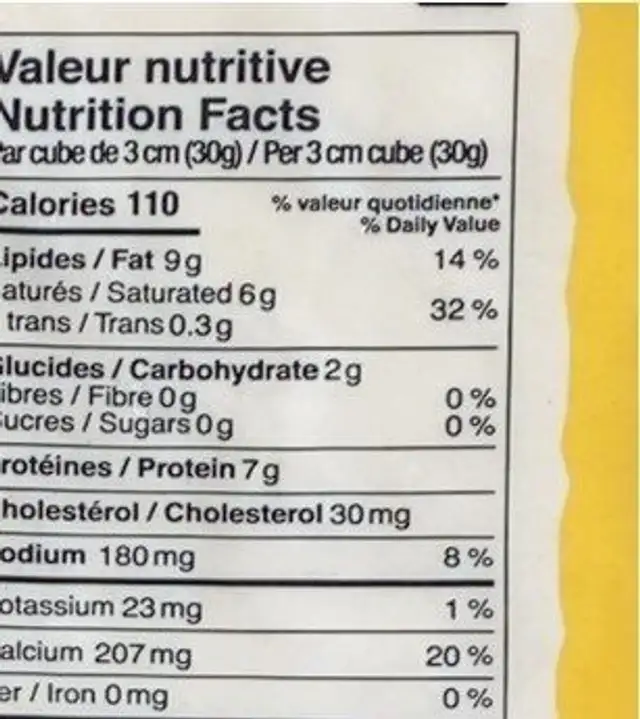 Fromage nutrition facts table