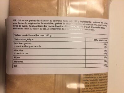 Oven-baked rye sticks ingredients label