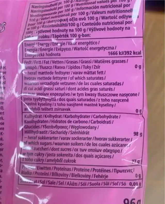 Raspberry lollipop nutrition facts table