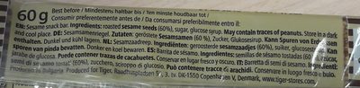 Sesame bar ingredients label