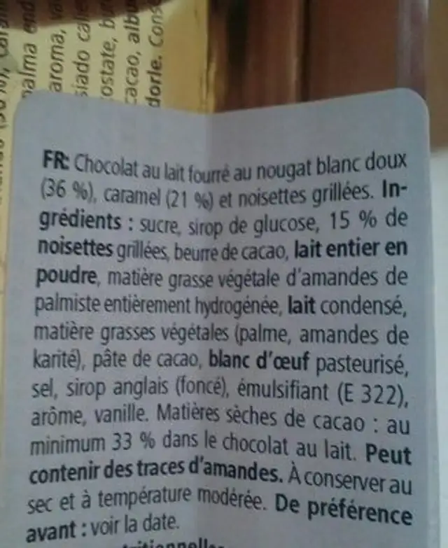 choco barre ingredients label