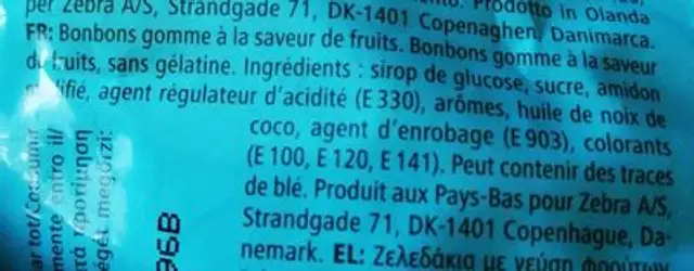 Vingummifisk ingredients label