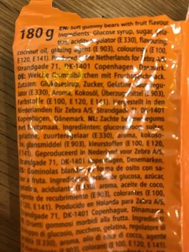 Gummy bear ingredients label