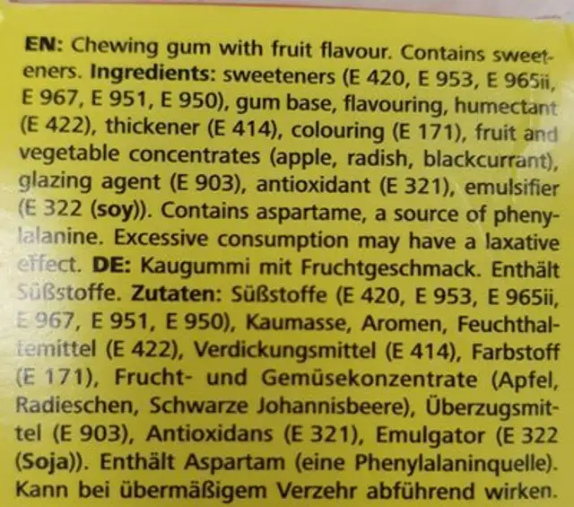 Tutti frutti ingredients label