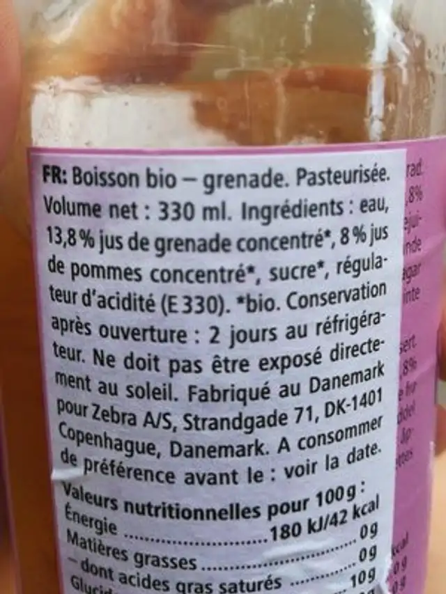Organic pomegranate drink ingredients label