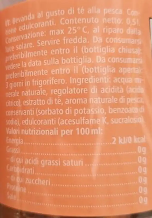 Tè freddo gusto pesca nutrition facts table