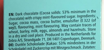 Chocolate with mint ingredients label
