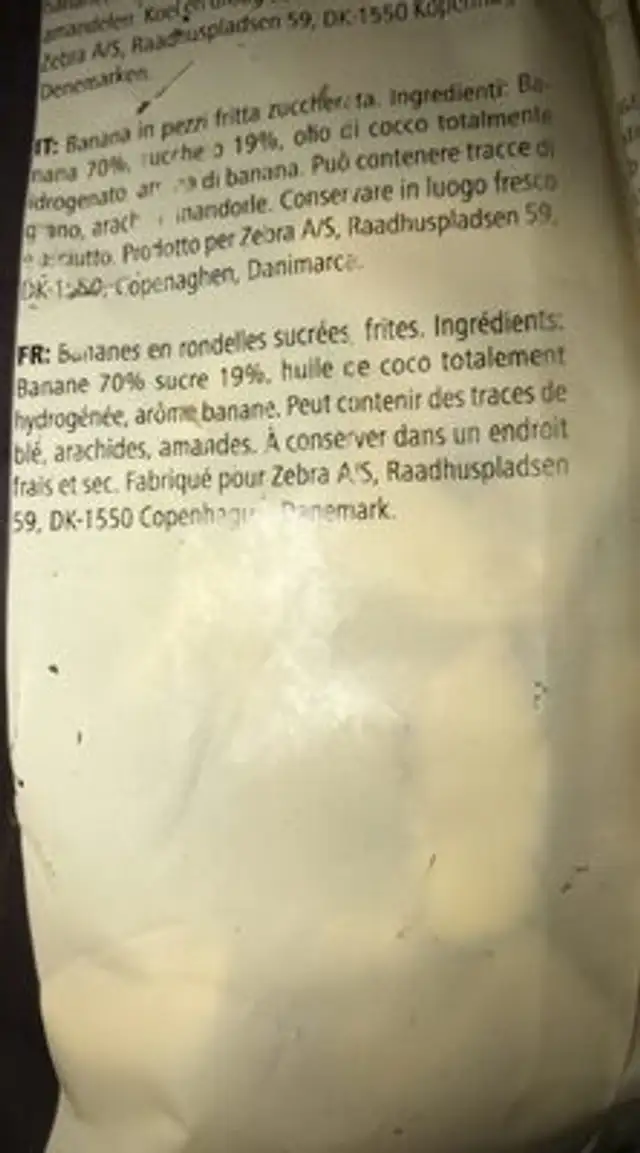 Banana Chips ingredients label