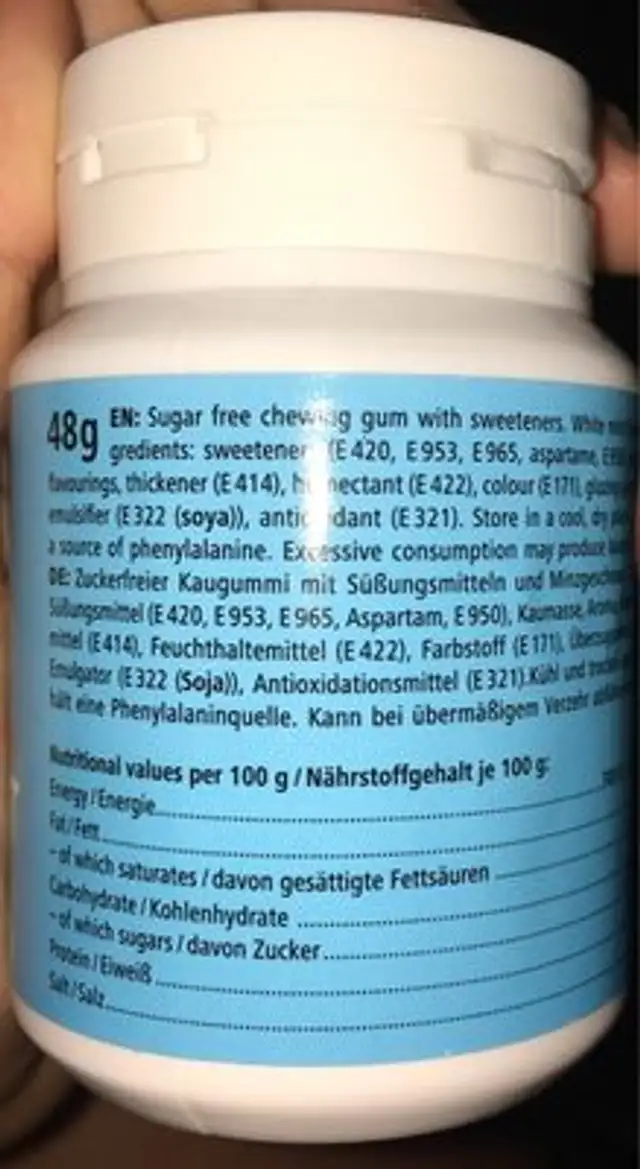White Mint Chewing gum ingredients label
