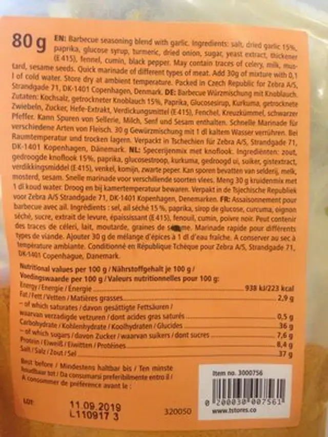 Garlic barbecue mix ingredients label