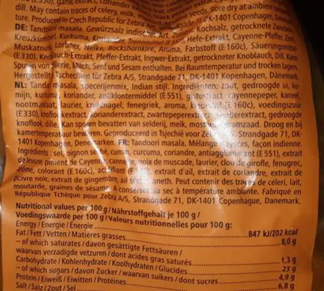 Tandori ingredients label
