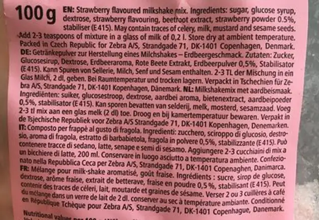 Strawberry milkshake ingredients label