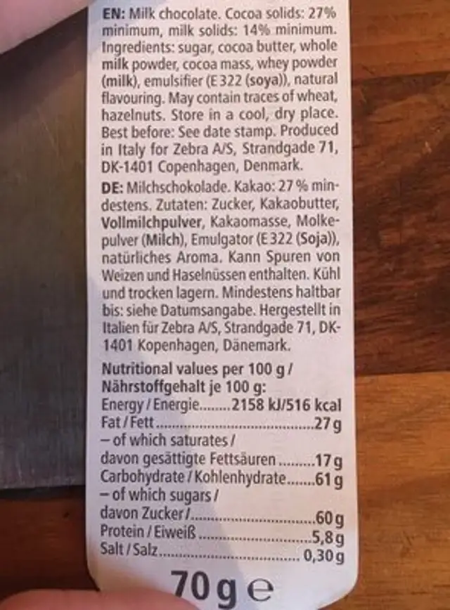 Milk chocolate ingredients label