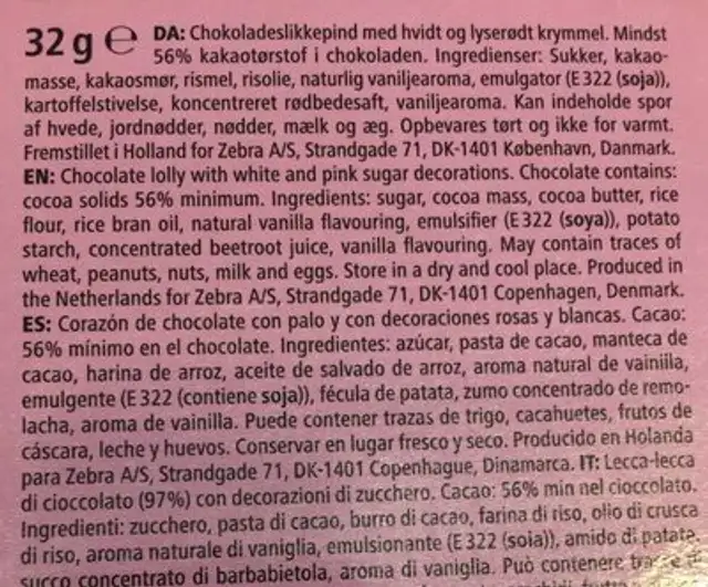 Lollipop ingredients label
