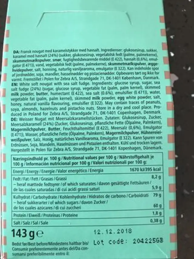 Nougat avec caramel ingredients label