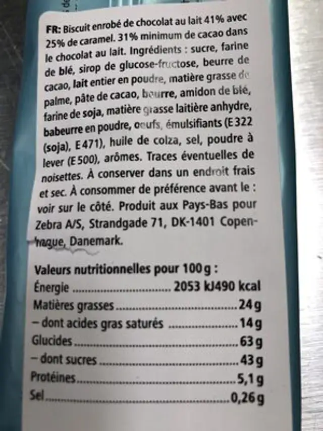 Milk chocolate caramel biscuit ingredients label