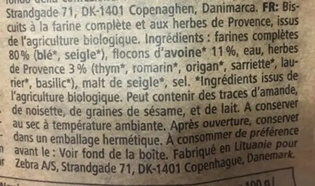 Mini snacks herbes de provences ingredients label