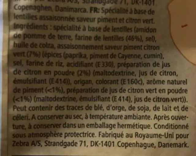 Linsechips ingredients label
