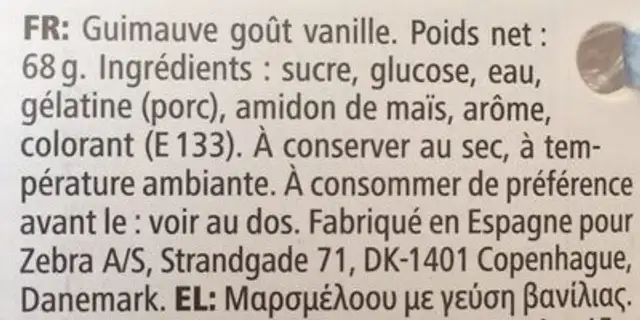 Marshmallow Vanilla flour ingredients label
