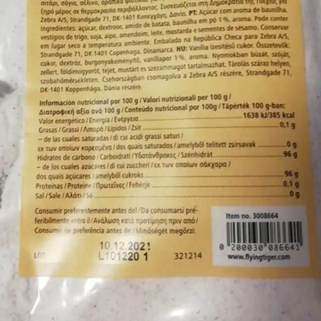 Azúcar vainillado nutrition facts table