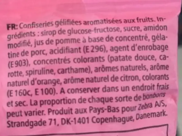 Tutti frutti slikmiks ingredients label
