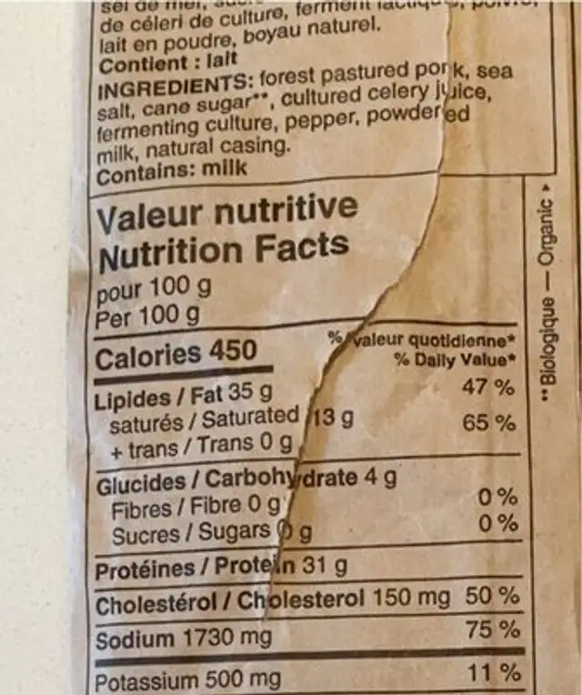 Saucisson Fermier nutrition facts table