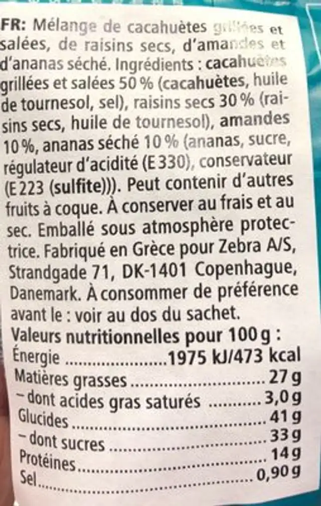 Fruits secs ingredients label